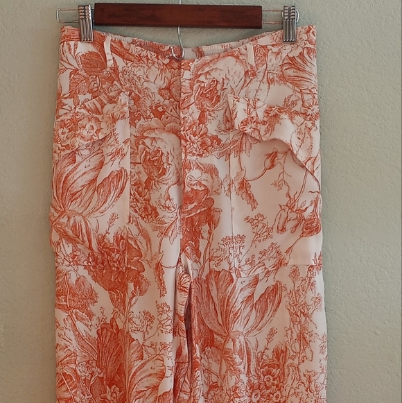 Zara Pastel Peach and Cream Toile Wide Leg Lightwight Flowy Coastal Silky Pant - Picture 3 of 8